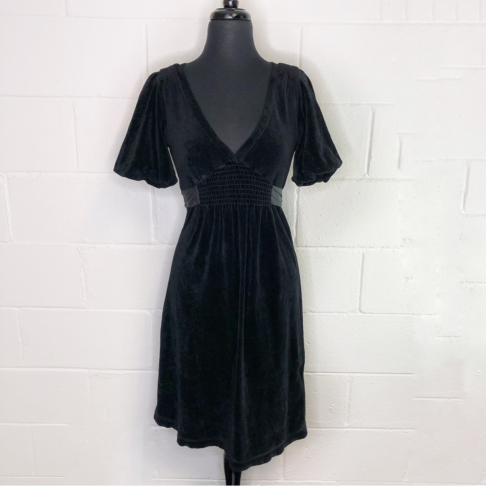 Y2K Juicy Couture Black Velvet V-Neck Empire Waist Dress 90’s inspired waist tie